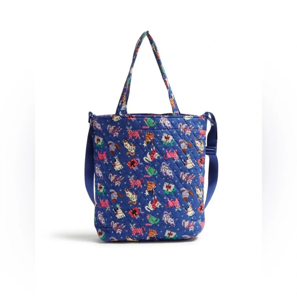 NWT Vera Bradley Cotton Large North South Tote Catnip Christmas Cats Blue‎ $129